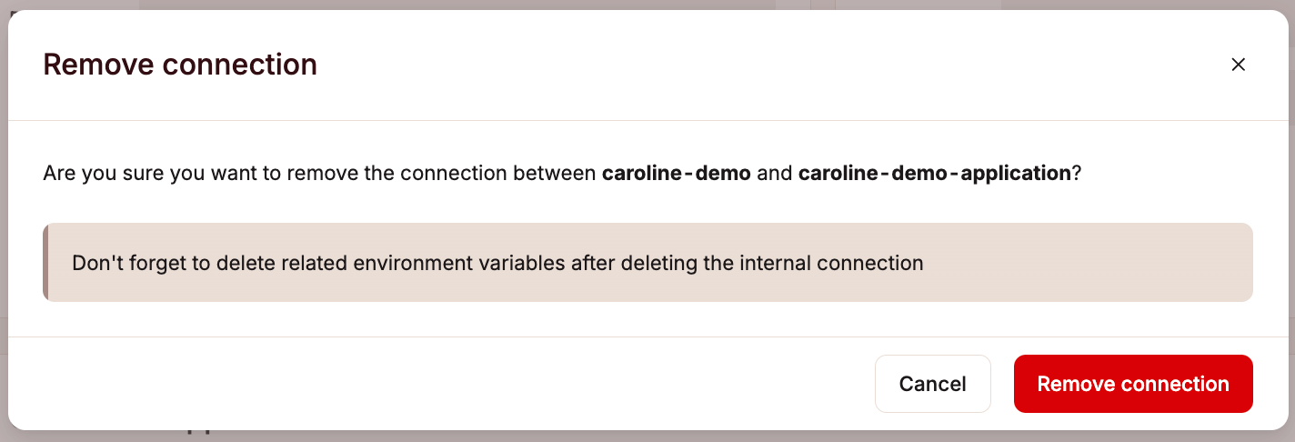 Removing an internal connection between an application and a database